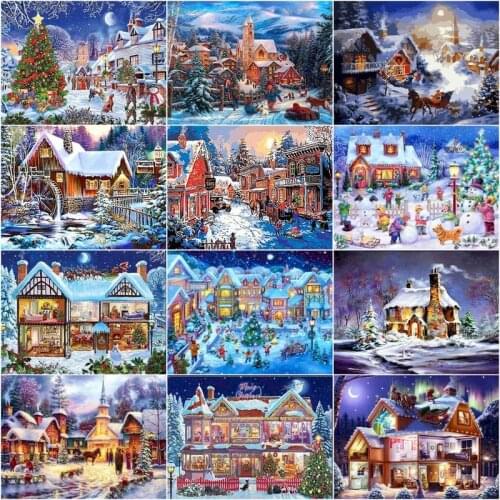 CHENISTORY DIY Oil Painting By Number Merry Christmas Kits Drawing On Canvas Winter Houses Landscape Handpaint Gift Home Decor