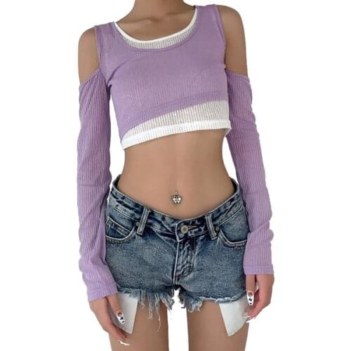 E-girl Sweet Open Shoulder Patchwork Ribbed Tops Y2K Fashion Long Sleeve T-shirts Vintage Cropped Tee Autumn Outfits 90s