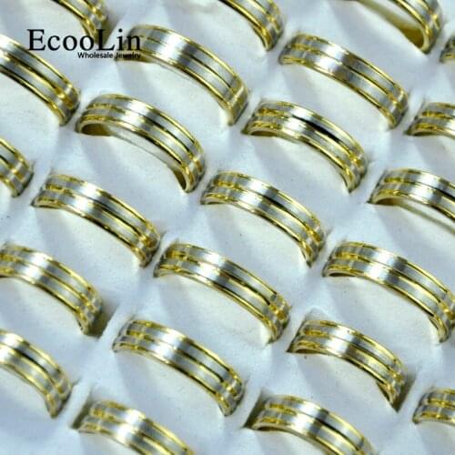 100Pcs EcooLin Brand Gold Silver Top Frosted Stripes Stainless Steel Rings For Women and Men Fashion Jewelry Lots Bulk LR4037