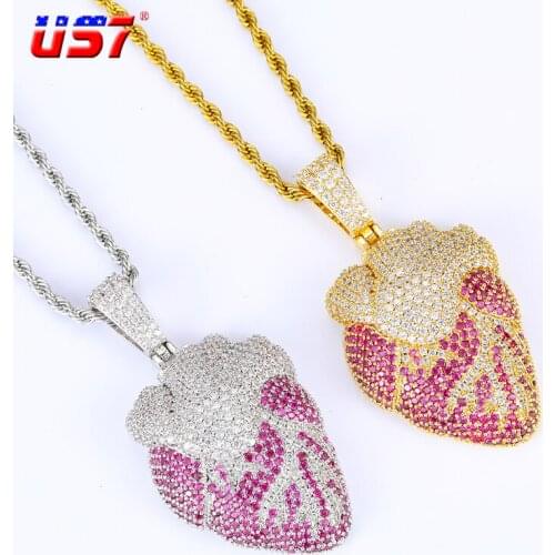 US7 Iced out Heart Shape Pendant Necklace Micro paved CZ Stones Solid back Pendant For Men&Women Trendy Hip Hop Jewelry Gifts