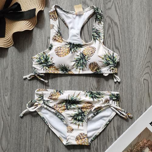 Pineapple Girl Swimsuit Kids Two Piece Racerback Childrens Swimwear 6-16 Years Teenage Girl Bikini Set Padded Girl Bathing Suit