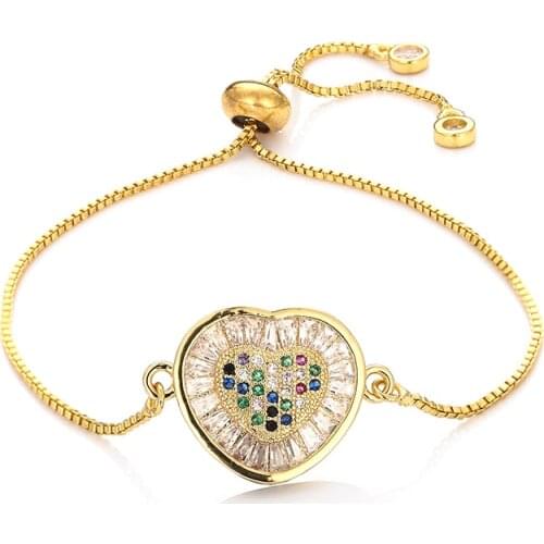 Fashion womens rainbow heart jewelry gold cz colorful zircon bracelet bangle adjustable chain bracelet for women