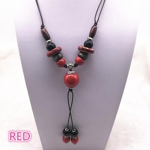 Fashion Ethnic Jewelry Traditional Handmade Ornaments Weave Wax Rope Ceramics Necklace Ceramics Beads Pendant Long Necklace #05