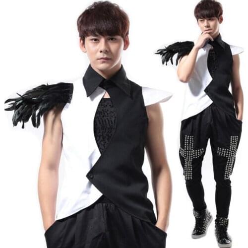 Male feather vest men punk rock costumes summer style personality slim clothes singer dance stage fashion street european 2020