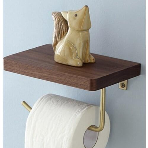 Toilet Paper Holder Wall Mounted Toilet Roll Tissue Holder Stand with Wooden Shelf for Bathroom Walnut Beech Wood