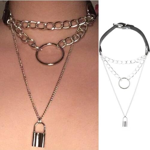 Punk Gothic Lock Chain necklace women multilayer choker collar goth pendant necklace black Geometric leather witch rave jewelry