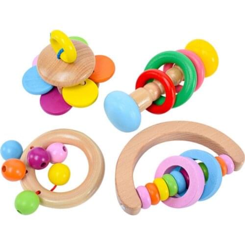 4pcs/pack Baby Rattle Colorful Educational Wooden Grasping Rattle Handbell Montessori Interesting Sound Toy