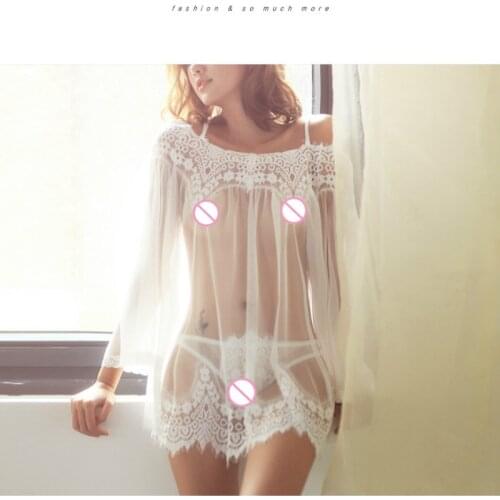 See Through Sleepwear Suspender Skirt Lace Tulle Dress Erotic Underwear Sexy Lingerie Set Transparent Briefs Women Nightgown