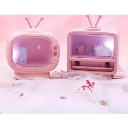 Pink Light Decor TV Shape Cats Statues Pink Animal Home Decoration Light for Garden Miniatures Creative Kitten Birthday Gift