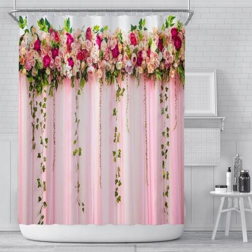 Pink Rose Flower Wall Shower Curtain Set with 12 Hooks Bathroom Decoration