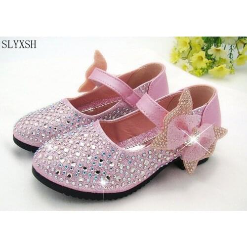 SLYXSH Children shoes low heel rhinestones Girls kids leathers shoes Spring 2019 new bow childrens single shoes