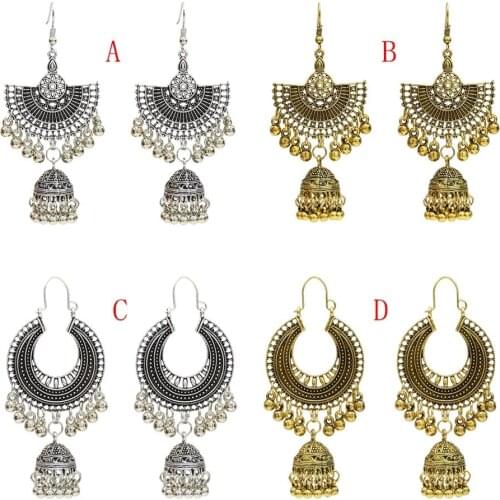 Vintage Ethnic Gypsy Indian Earrings For Women Boho Jewelry Ladies Retro Round Fan Bell Tassel Hollow Tassel Jhumka Earrings