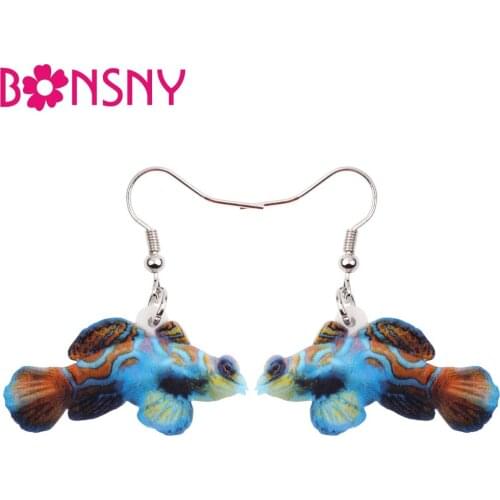 Bonsny Acrylic Pattern Drop Dangle Long Green Mandarin Fish Earrings New Fashion Accessories Ocean Animal Jewelry For Women