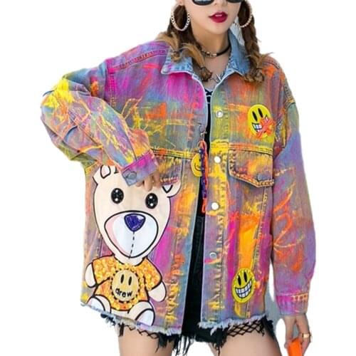 Boyfriend denim Jackets Women Autumn Print streetwear jeans Jacket Women Plus size Loose Outwear casaco feminino