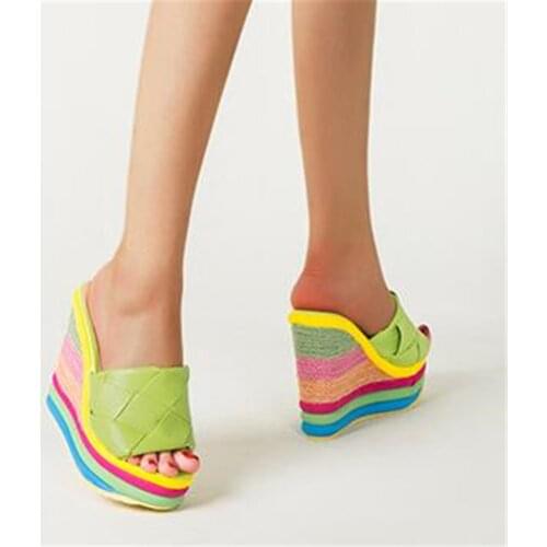 2021 Summer Mules Outdoor Fashion Peep Toe Platform Slippers Ladies High Quality PU Leather 13CM Women Wedges Heels Shoes Orange