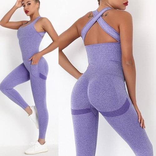 One Piece Suit Womens Yoga Set Seamless Workout Clothes Cross Back Sports Jumpsuit Sportswear Gym Suits with Pockets
