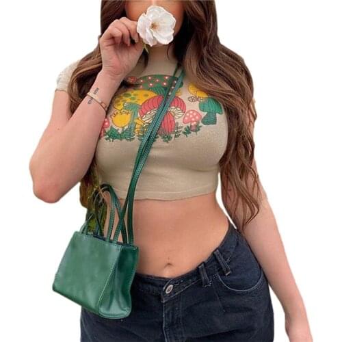 Xingqing Womens Round Neck Crop Tops Casual Short Sleeve Slim Fit Cartoon Mushroom Print Tee Shirts T-Shirts Tops