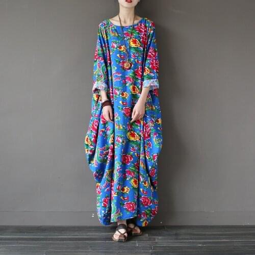 Women Spring Floral Print Cotton Loose Plus Size Dress Maxi Flower Casual Big Dresses O-neck Chinese Dress