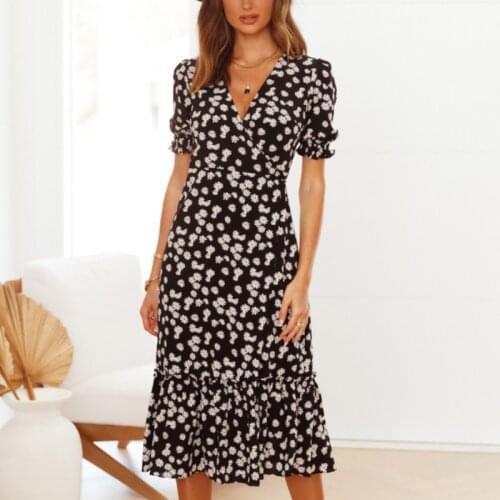 Summer Chiffon Dress Women Sexy V-neck Short Sleeve Floral Print Elegant A-line Dresses Casual High Waist Streetwear Dress
