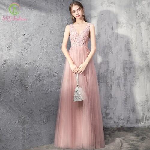 SSYFashion New Sweet Pink Evening Dress Sexy V-neck Sequins Beading Backless Floor-length Prom Formal Gown Vestido De Noche