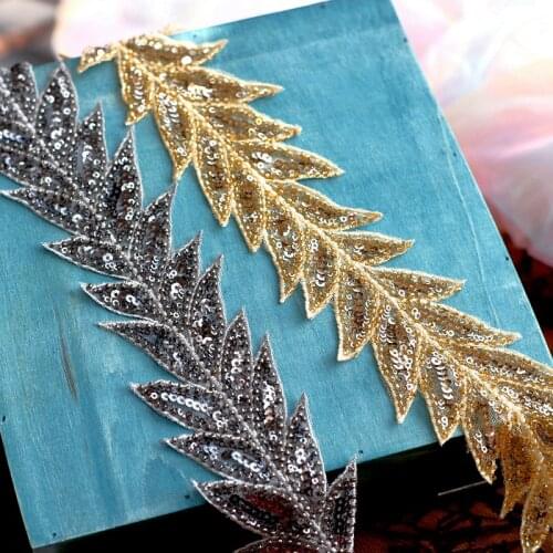 1meter red black gold sequins beaded leaves DIY wedding dress childrens clothing waistband headband jewelry
