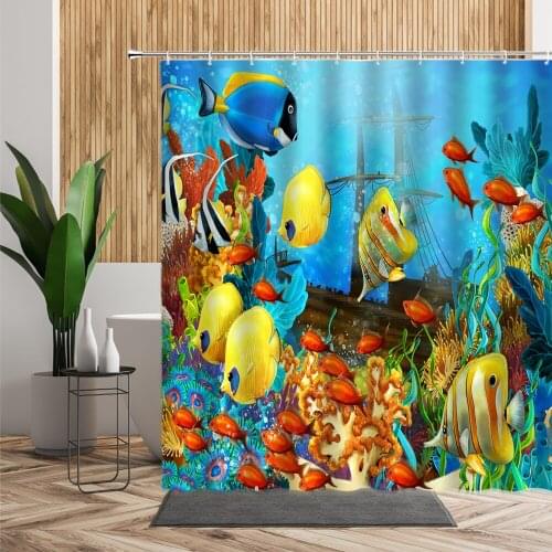 3D Underwater World Shower Curtains Colored Sea Fish Coral Sailing Boat Home Bath Screen Waterproof Cloth Bathroom Decor Curtain