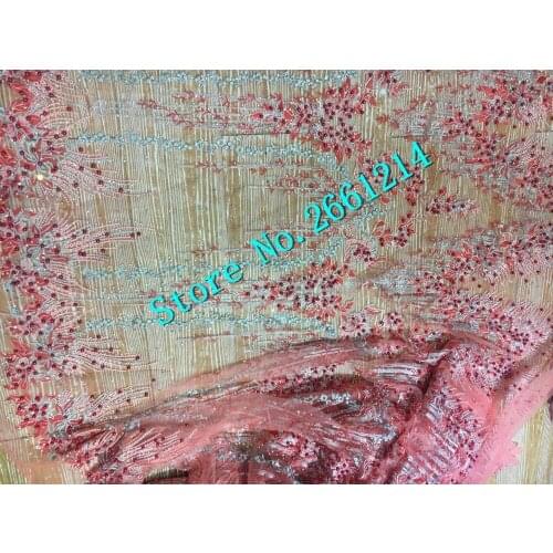 5yards stock best quality beaded and stones flower embroidery tulle mesh lace fabric for bridal gown wedding dress