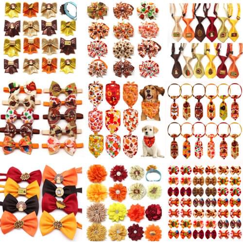 50 Fall Pet Supplies Thanksgiving Dog Bows Small Dog Bowtie Neckties Pet Dog Collar Accessoreis Pumpkin Samll Dog Hair Bows