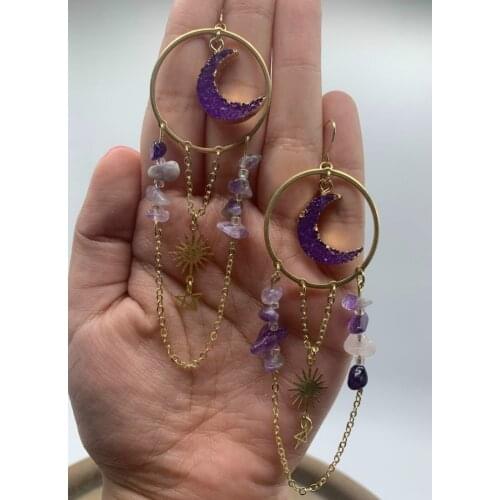 Amethyst Gemstone Purple Druzy Resin Moon/Sun Earrings
