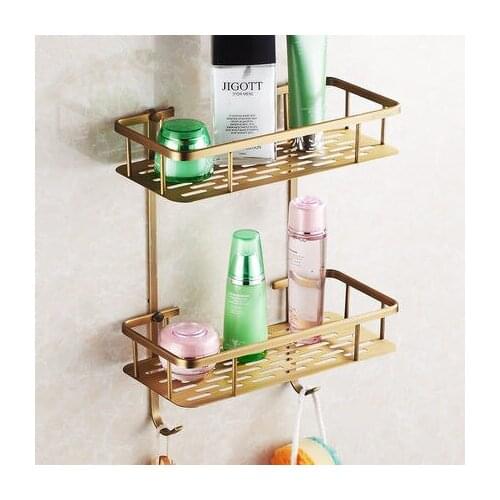 Antique Shelves 2 Tier Racks Brass Towel Hook Washing Shower Basket Cosmetic Holder Bathroom Accessories Wall Shelf