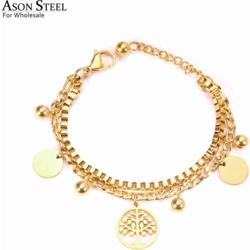 ASONSTEEL Christmas Bracelets Stainless Steel Gold Color Tree/Round Shape Pendants Extender Link Chain Bracelets Trendy Jewelry