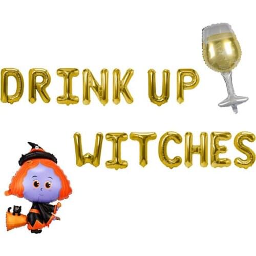 Glitter Drink Up Witches Banner Mylar Foil Balloon with Halloween Witch for Halloween Party Decoration Supplies