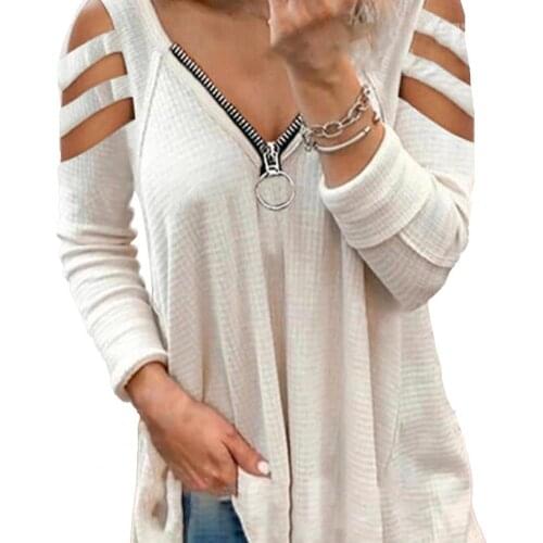 Blouse Long Sleeve Loose Cotton Blend Women Hollow Out Cold Shoulder T-shirt Top for Spring Summer Female T Shirt Tops Blouse