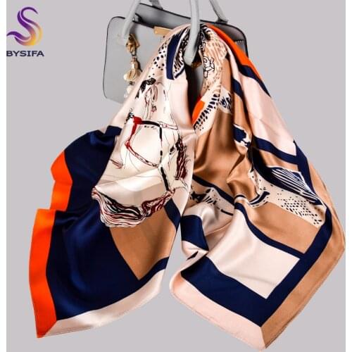 BYSIFA| 2020 New Orange Square Scarves Fashion Horse Design Ladies 100% Silk Scarf Shawl Printed 90*90cm Fall Winter Neck Scarf