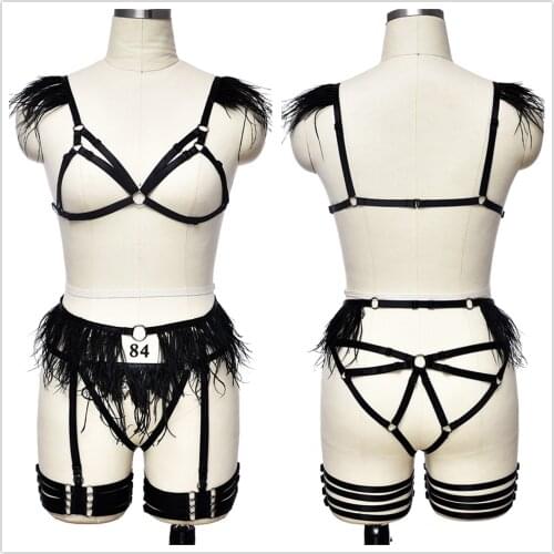 Tassel Feather Body Harness Set Black Sexy Lingerie Rave Wear Bondage Fetish Body Cage Adjust Stockings Leg Wedding Garter Belt