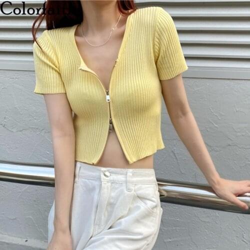 Colorfaith New 2021 Summer Womens Sweaters Short Cardigans Zipper Minimalist Style Knitted Vintage Wild Korean Lady Top SWCM322