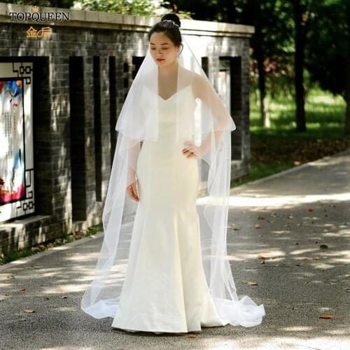 TOPQUEEN V17 Bride Veil Two Tier Minimalist Wedding Veil with Blusher Bridal Veil with Comb Pencil Edge Double Layer Long Veil