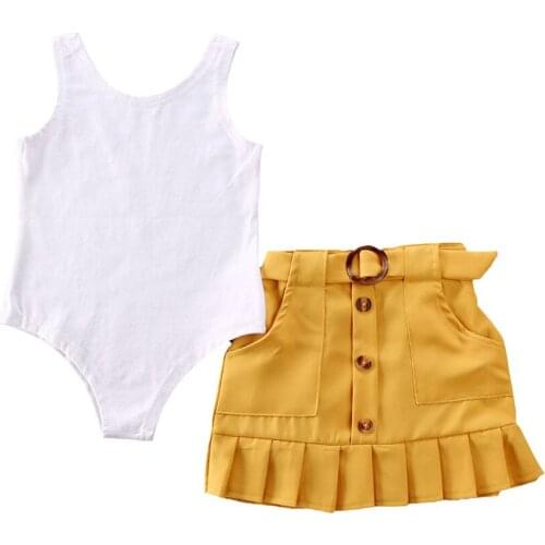 1-4Years Toddler Baby Girl Summer Outfit Bodysuit Romper Vest+Button Skirt Clothes Set