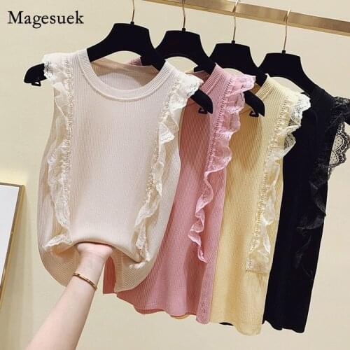 Summer Sleeveless Lace Tank Tops Fashion Ice Silk Round Neck Bottoming Vest for Women New Ruffle Stitching Pullover Blouse 14207