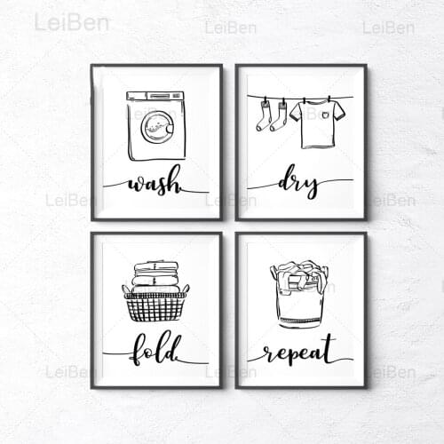 Cartoon Abstract Wall Art Poster Black and White Line Washing Machine Dirty Clothes Basket Canvas Painting Life Necessary Mural