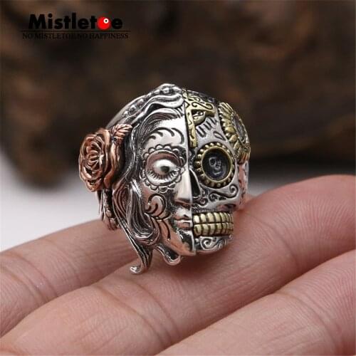 Genuine 100% 925 Sterling Silver Vintage Punk Locomotive Lucky Skull With Rose Flower Ring For Women Men Fashion Jewelry