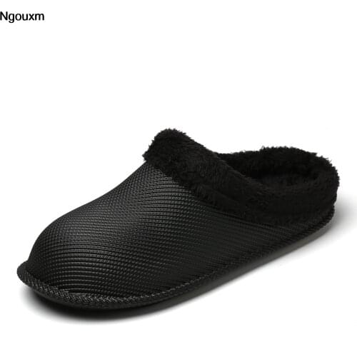 Ngouxm Winter Men Comfortable Keep Warm Waterproof Slippers Plush Indoor Fashion Casual Black Flat Bread Shoes