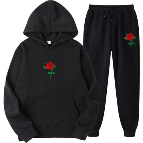 New 2 Pieces Set Fashion Red Rose Print Hoodies+Pants Tracksuit Men Women Sweatshirt Streetwear Pullover Pantsuit Male Sudaderas