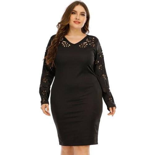 2021 Fashion Women Hollow Out V Neck Long Sleeve Casual Midi Dress Plus Size Solid Black Ladies Slim Bodycon Pencil Dresses