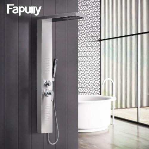 Fapully Bathroom Brushed Nickel Wall Mounted Shower Panels Rainfall Waterfall Shower Faucet Rain Massage System with Showerheads