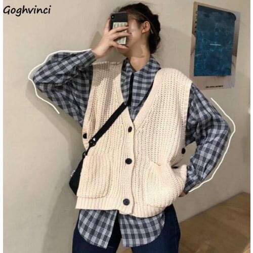 Sweater Vests Women Solid V-neck Loose Sleeveless Simple Harajuku All-match Autumn Pockets Korean Style Streetwear Daily Ulzzang