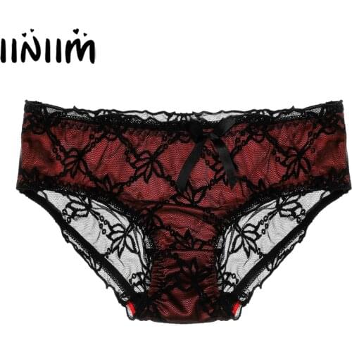 Men See-through Lace Briefs Low Rise Panties Lace Patchwork Undershorts Sissy Gay Underwear Bowknot Elastic Waistband Underpants