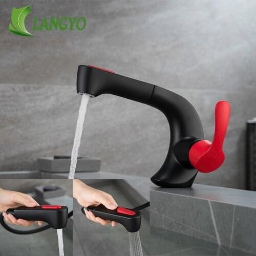 Langyo Pull Out Basin Faucets Brass Chrome/Black/Golden Bathroom Taps Water Kitchen Sink Deck Mounted Single Handle Mixer