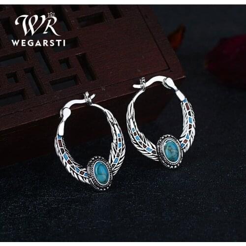 WEGARSTI Women Earrings Retro Simple Feather Shape Engraving Natural Stone Turquoised Earrings Features Texture Stone Earrings
