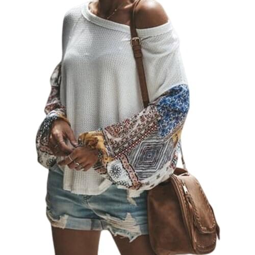 Women Tops Patchwork Printing Bat Sleeve O Neck Loose Leisure Comfortable and Breathable Knitted Sweater Tops Spring Autumn